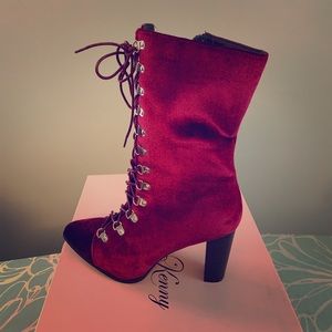 Penny loves Kenny Wine Velvet Tie Up Boots